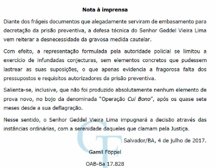 Em nota, defesa de Geddel reforça que “prisão é desnecessária”