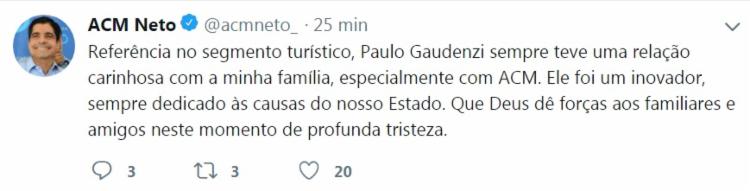 O prefeito ACM Neto também lamentou a morte no Twitter