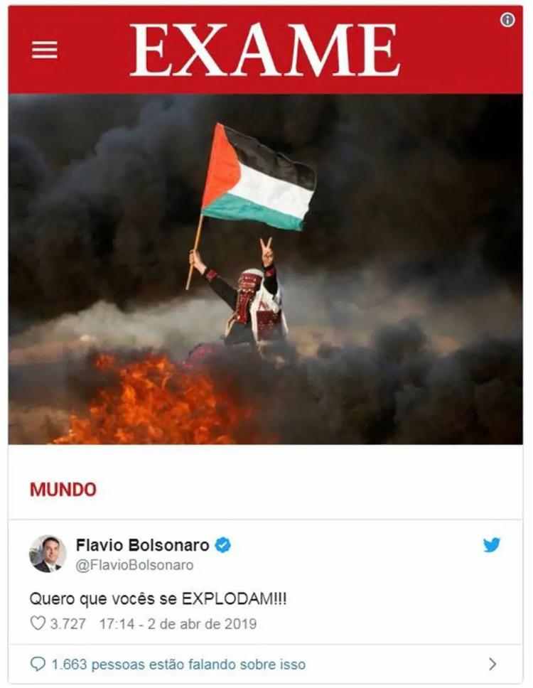 Filho de Jair Bolsonaro escreveu mensagem em resposta à uma notícia sobre os ataques do movimento radical palestino à visita do presidente brasileiro ao Muro das Lamentações; momentos depois ele deletou o tuíte