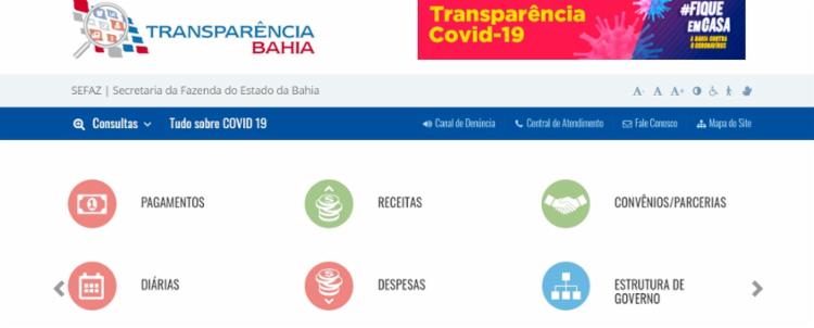 O portal do governo do estado, durante a Covid, foi aprovado pela ONG Transparência Internacional - Foto: Reprodução O portal do governo do estado, durante a Covid, foi aprovado pela ONG Transparência Internacional - Foto: Reprodução
