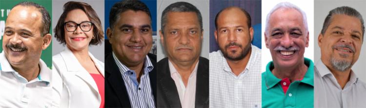 1 - Ant&ocirc;nio Elinaldo Ara&uacute;jo (DEM) lidera; 2 - Ivoneide Caetano &eacute; a candidata do PT; 3 - Oziel dos Santos Ara&uacute;jo (PDT); 4 - Pedrinho de Pedr&atilde;o representa o Avante; 5 - S&oacute;crates Magno Torres &eacute; do PSOL; 6 - Ant&ocirc;nio Carlos Soares, ACS (PL); 7 - Heckel Pedreira disputa pelo Rede | Fotos: Montagem | A TARDE - Foto: Montagem | A TARDE