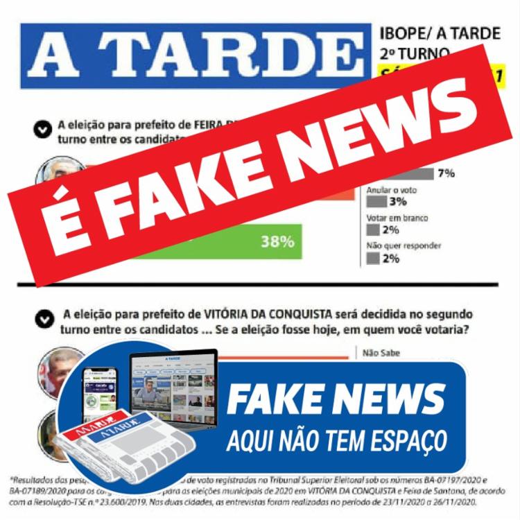 Pesquisa atribuída ao A TARDE sobre a corrida eleitoral em Feira de Santana é fake news - Foto: Reprodução Pesquisa atribuída ao A TARDE sobre a corrida eleitoral em Feira de Santana é fake news - Foto: Reprodução
