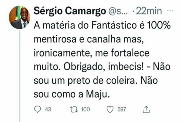 Postagem de Sérgio Camargo foi apagada minutos depois | Foto: Reprodução | Twitter